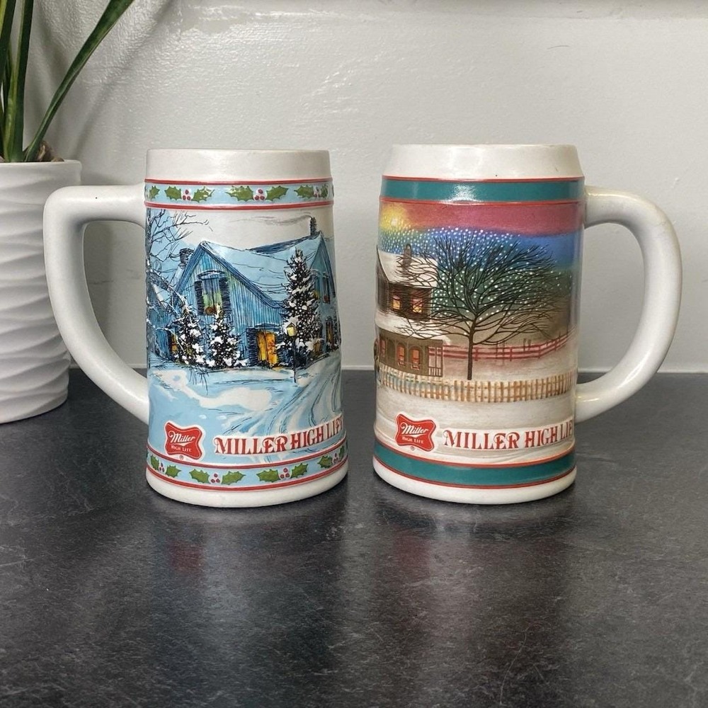 90s Miller High Life 3D Ceramic Holiday Christmas Beer Mug Stein 5.5in Lot Of 2